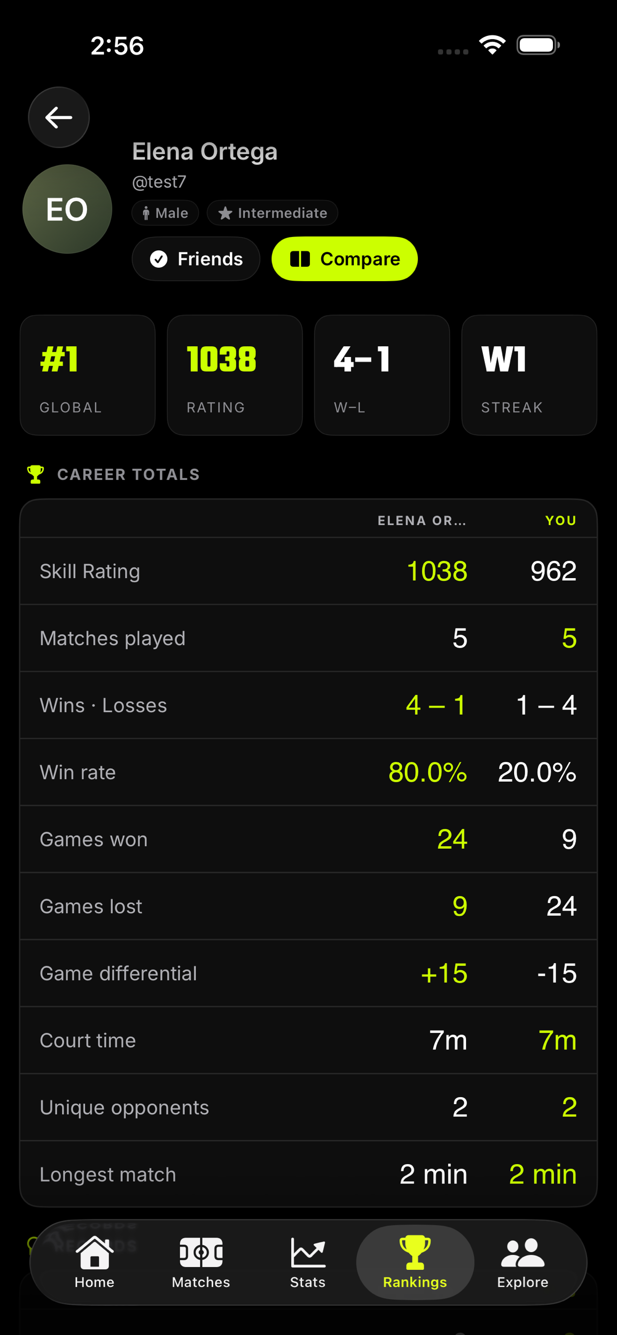 Pickleball Heroes stats comparison screen